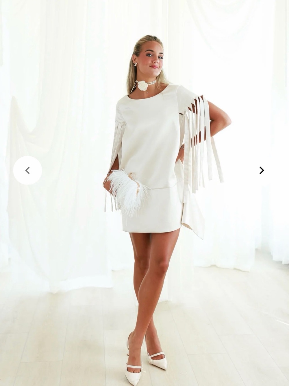 Fringed Sleeve Ivory Mini Dress with Feather Clutch Accent